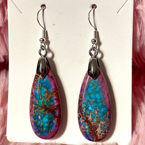New Gorgeous Emperor Stone Drop Earrings Pink Purple Blue Semi Precious Boho - Picture 3 of 5